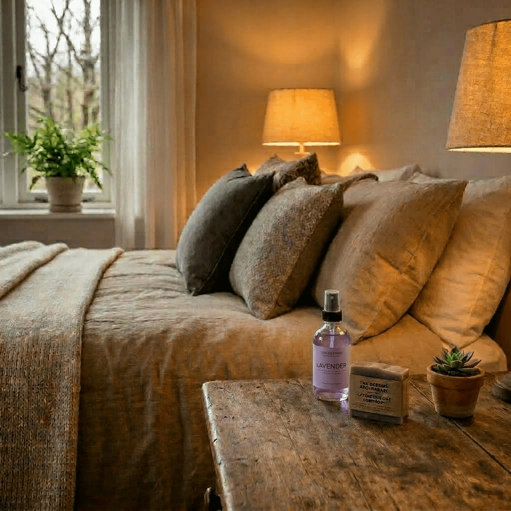 Bed with beige linen, pillows, bedside table with welcome note, flowers, bottled water, granola jar, soap, and chocolate
