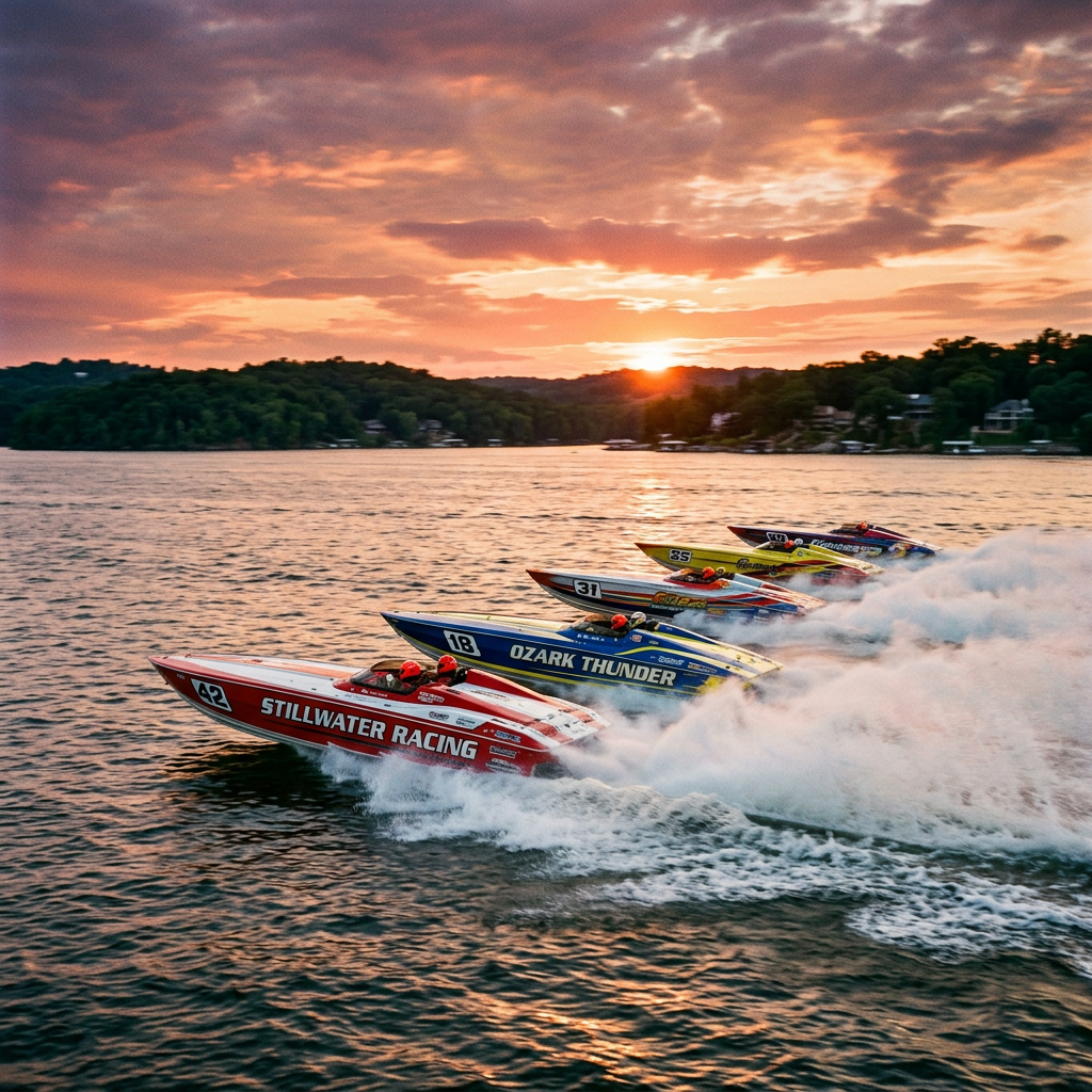 Four colorful racing boats speeding across a lake at sunset
