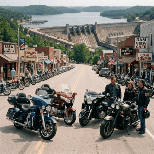 Three motorcyclists with touring motorcycles on a street below an Ozark dam