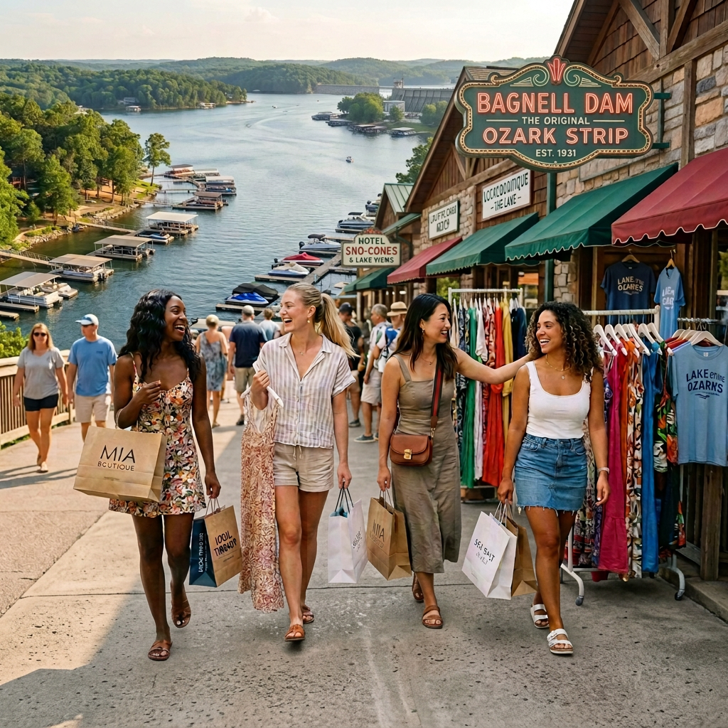 Four friends carrying shopping bags beside SORAIA and MIA BOUTIQUE shops