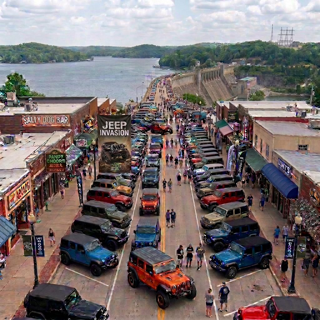 Jeep Invasion 2024 gathering with vehicles and crowds on a dam